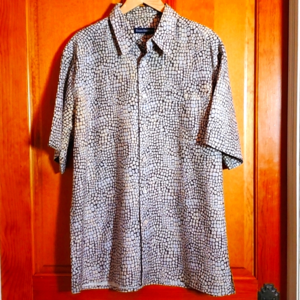 BARRY BRICKEN L SILK BROWN & BEIGE SHORT-SLEEVED  BUTTON DOWN SHIRT
